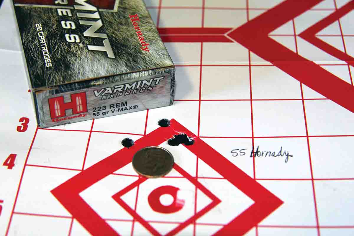 Hornady’s 55-grain V-MAX Varmint Express factory ammunition matched Howa’s MOA guarantee with a five-shot group. It pushed bullets to 3,031 fps from the 20-inch barrel.
